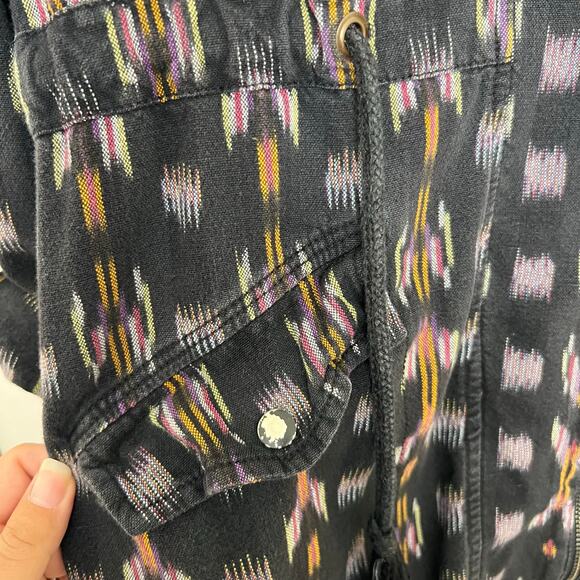Free People Ikat Print Hooded Utility Jacket Black Cotton Boho Lagenlook - Picture 6 of 15